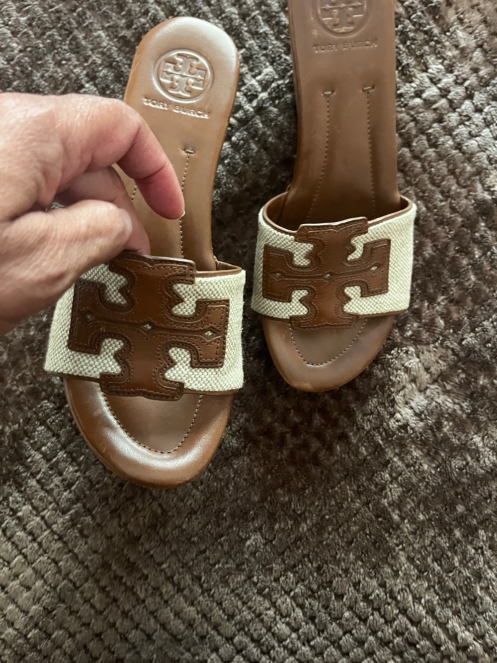Tory Burch Brown Leather and Cream Canvas Logo Slide Mules - Picture 9 of 12